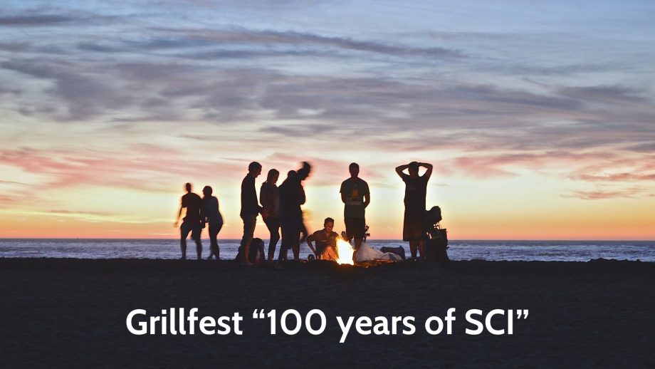 Grillfest poster - sunset in the background, siluhets of people around a campfire