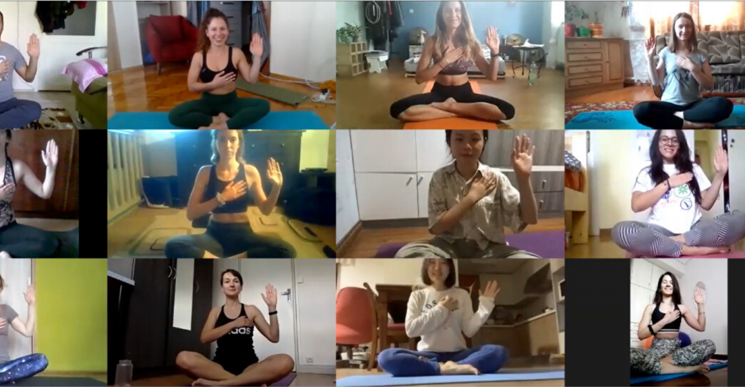 12 people making yoga seperately through zoom, holding one hand up and the other on their heart